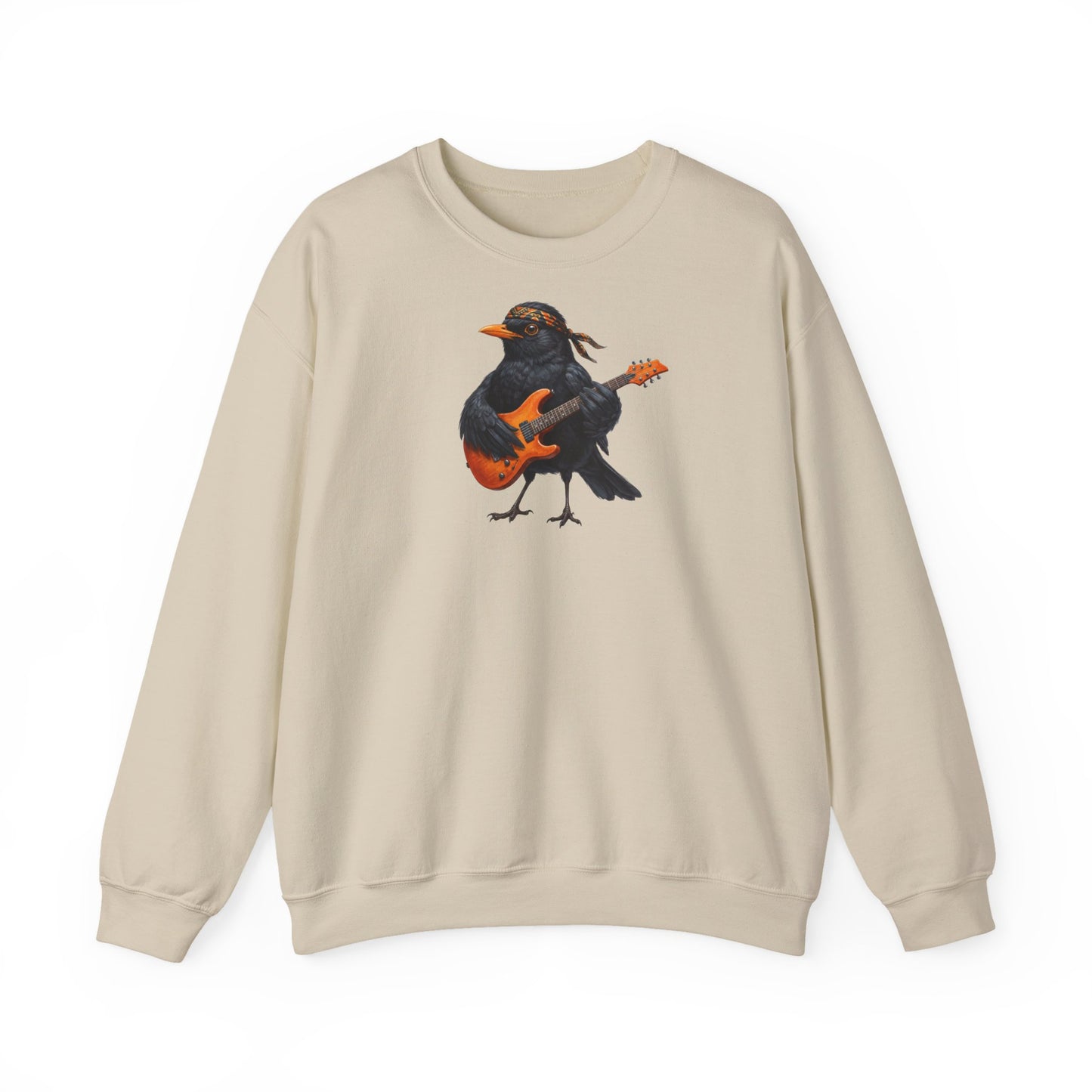 amsel mit orangener gitarre auf einem sweatshirt in der farbe sand