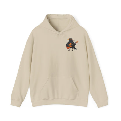 Blacky Amsel mit Gitarre – Premium Band-Hoodie | Die Gartenvögel