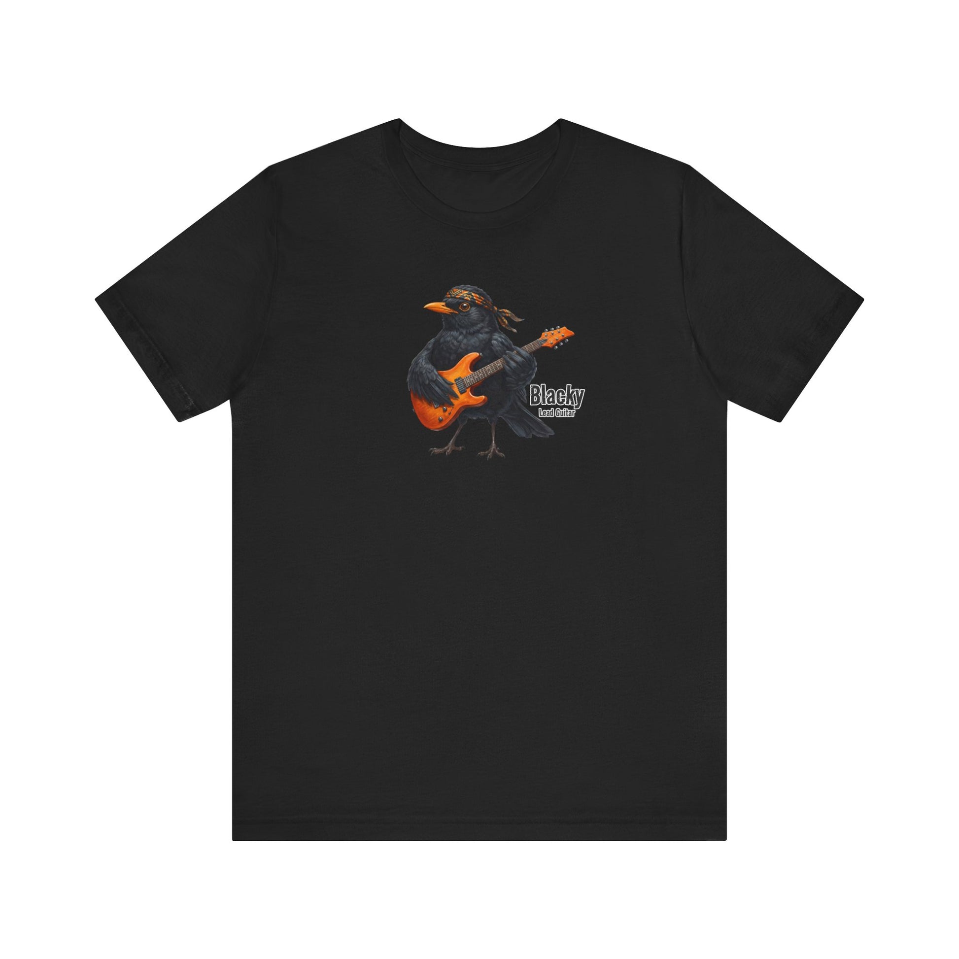 Black t-shirt with a graphic of a bird playing an orange guitar on a white background
