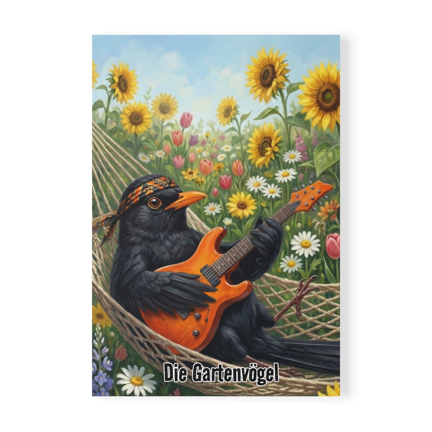 Blacky mit Gitarre in der Hängematte - Premium Notizbuch A5 mit Vogelmotiv | Die Gartenvögel