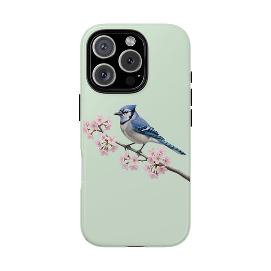 Blauhäher Handyhülle in Salbeigrün | Florales Kirschblüten Vogel-Motiv für iPhone & Google Pixel