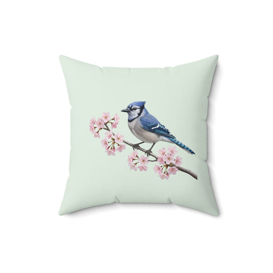Blauhäher Kissen mit Kirschblüten in Salbeigrün | Dekokissen 40x40 mit Vogelmotiv