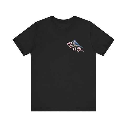 Blauhäher T-Shirt mit Kirschblüten | Florales Vogelmotiv für Vogelfreunde