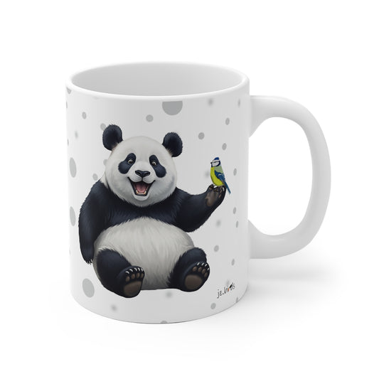 Blaumeise mit einem fröhlichen Panda Vogel Tiermotiv Tasse Punkte Grau