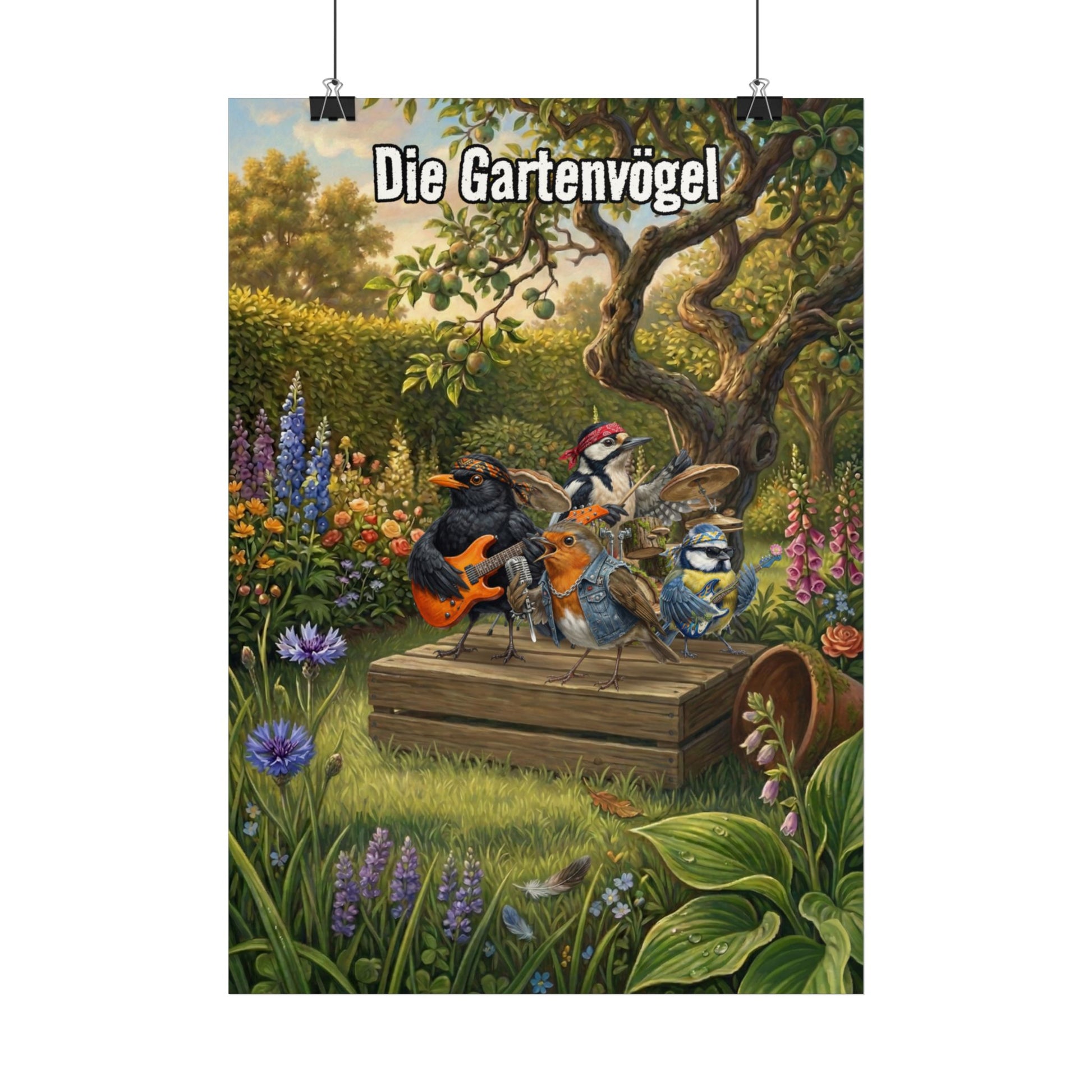 Die Gartenvögel auf der Bühne Wandbild - Kinderzimmer Poster Rockstar Vogel | Blacky Bert Sigi Rocky