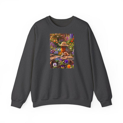 Digital gemalte Illustration eines friedlichen Rotkehlchens inmitten eines blühenden Blumenbeets, das mit einer kleinen Gießkanne die Blumen wässert, auf einem warmen Unisex-Sweatshirt.