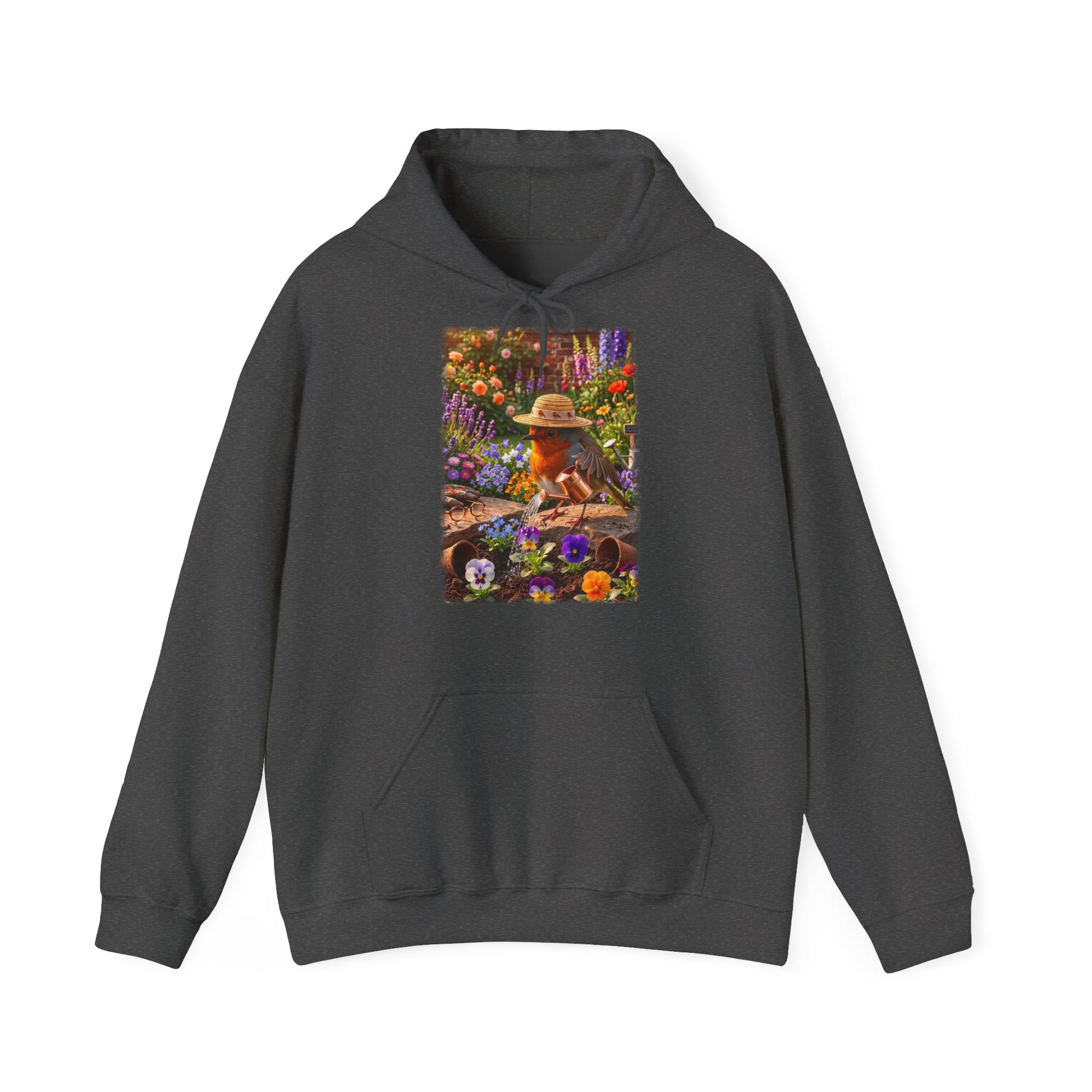 Digital gemalte Illustration eines glücklichen Rotkehlchens mit Sonnenhut, das an einer Blume schnuppert und einen vollen Einkaufswagen schiebt, gedruckt mit weichen Acryl-Kanten auf einem gemütlichen Unisex-Hoodie.