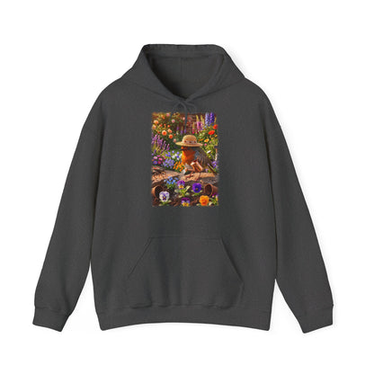Digital gemalte Illustration eines glücklichen Rotkehlchens mit Sonnenhut, das an einer Blume schnuppert und einen vollen Einkaufswagen schiebt, gedruckt mit weichen Acryl-Kanten auf einem gemütlichen Unisex-Hoodie.