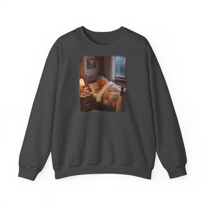 Digital gemalte Illustration eines kleinen Rotkehlchens, das mit einem Teddybären unter der Bettdecke kuschelt, gedruckt mit weichen Acryl-Kanten auf einem warmen Unisex-Sweatshirt.