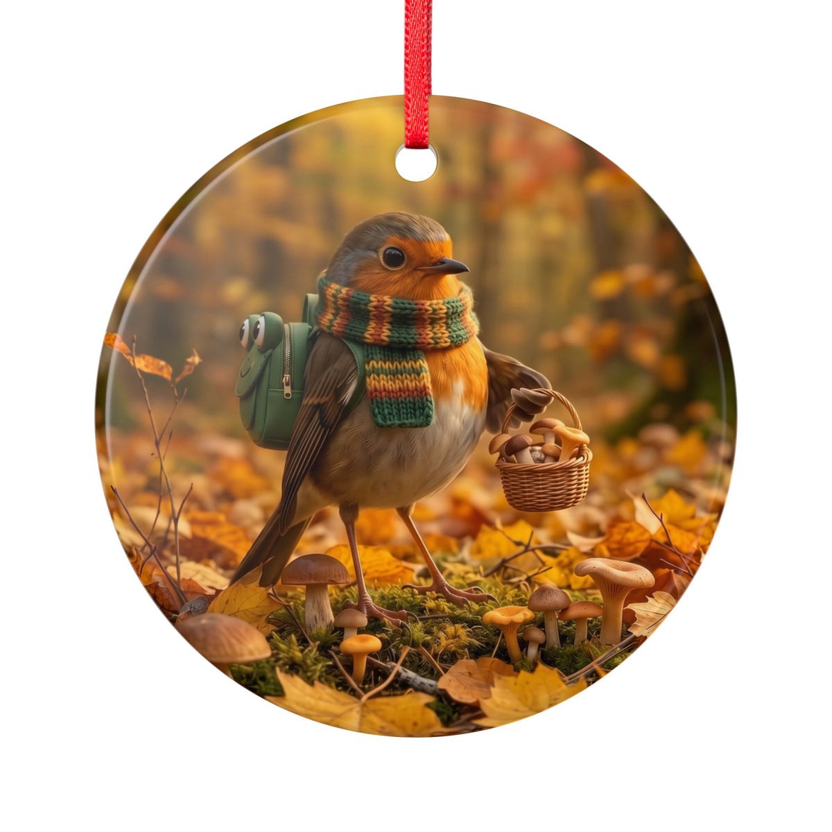 Ein glänzendes Premium Keramik Ornament mit rotem Band zum Aufhängen. Darauf gedruckt ist eine 3D-Illustration: Der süße Gartenvogel Rosi Rotkehlchen sammelt Pilze im Herbstwald. Eine schöne Herbstdeko für Vogelfreunde und Ornithologen.