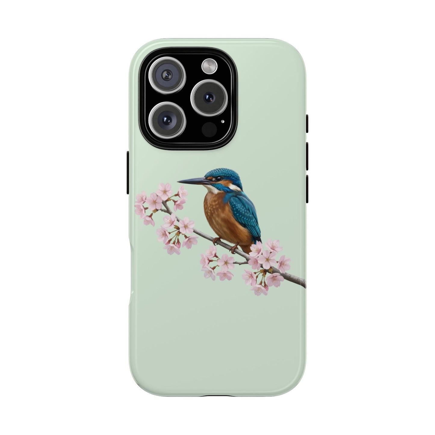 Eisvogel Handyhülle in Salbeigrün | Florales Kirschblüten Vogel-Motiv für iPhone & Google Pixel