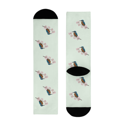 Eisvogel & Kirschblüten Socken in Salbeigrün | Weiche Baumwollmix-Socken für Naturfreunde