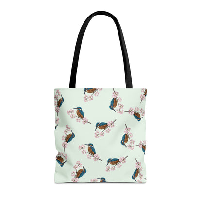 Eisvogel & Kirschblüten Tragetasche in Salbeigrün | Stofftasche & Geschenk für Vogelbeobachter