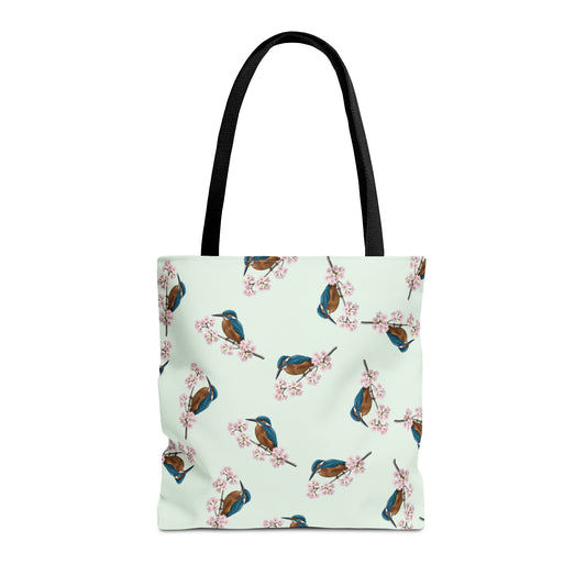 Eisvogel & Kirschblüten Tragetasche in Salbeigrün | Stofftasche & Geschenk für Vogelbeobachter