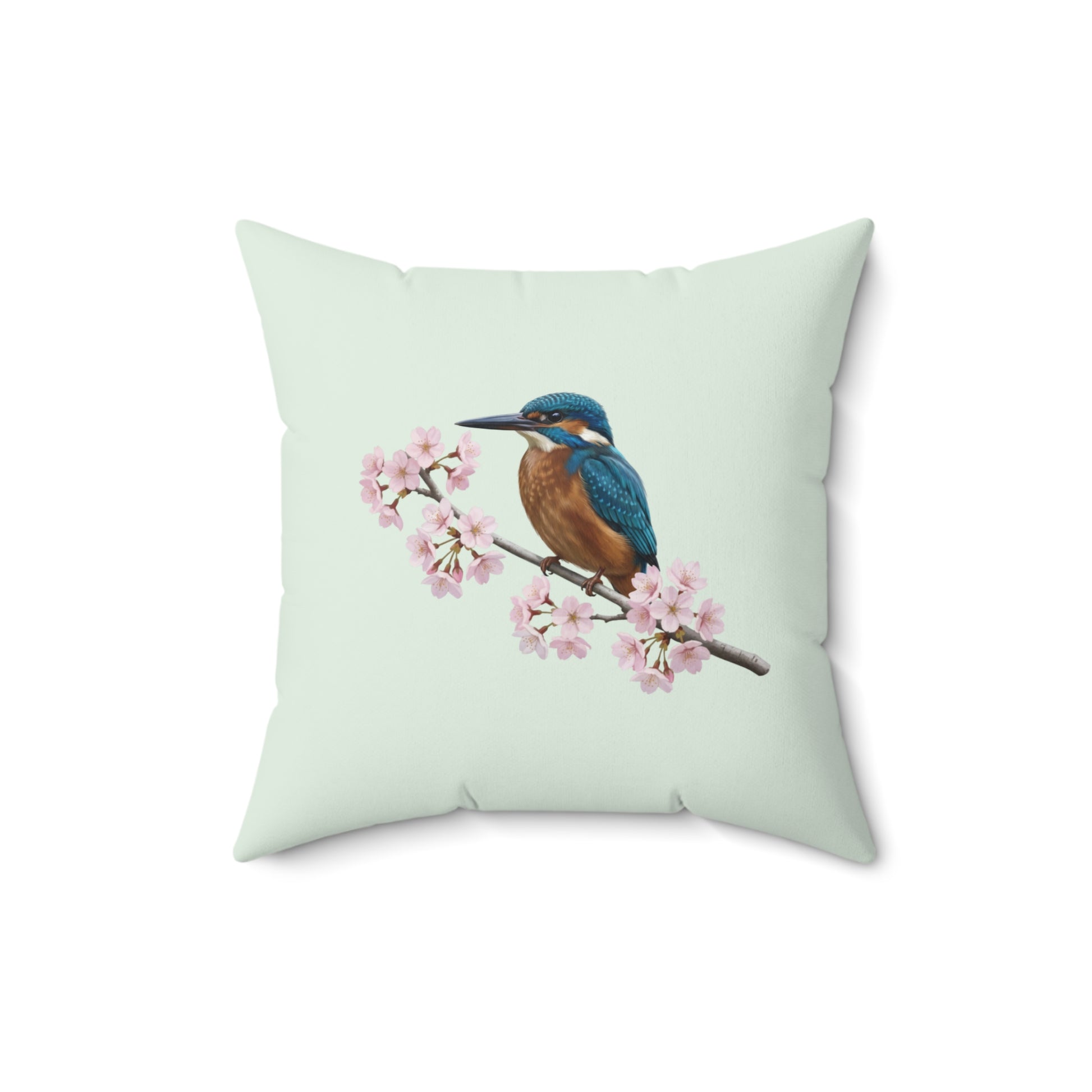 Eisvogel Kissen mit Kirschblüten in Salbeigrün | Dekokissen 40x40 mit Vogelmotiv
