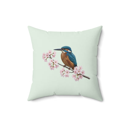 Eisvogel Kissen mit Kirschblüten in Salbeigrün | Dekokissen 40x40 mit Vogelmotiv