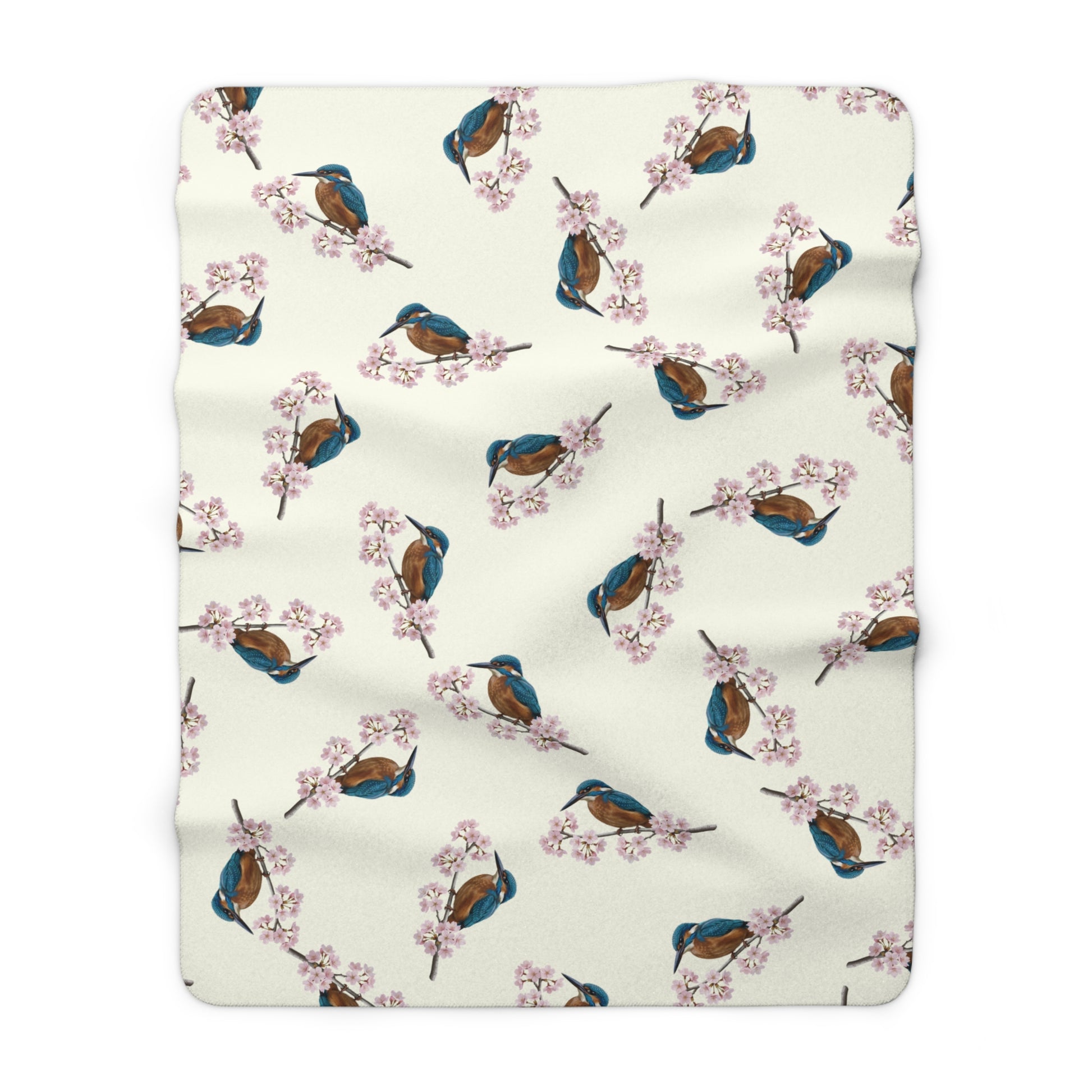 Eisvogel Premium Sherpa-Fleece Decke in Cremeweiß | Kuscheldecke mit Vogelmotiv (150x200cm)