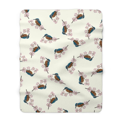 Eisvogel Premium Sherpa-Fleece Decke in Cremeweiß | Kuscheldecke mit Vogelmotiv (150x200cm)