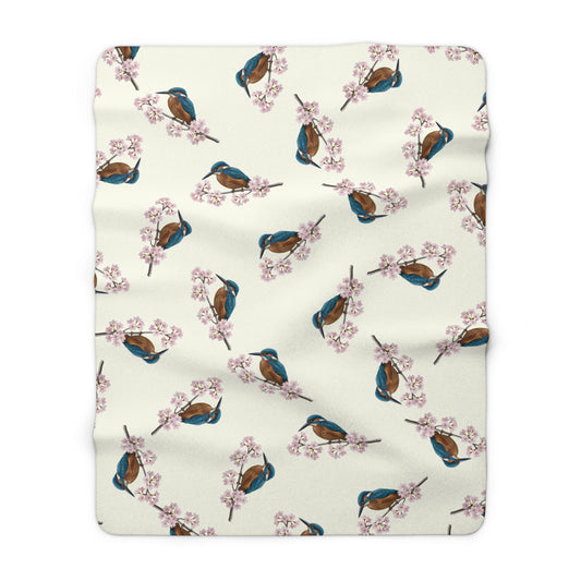 Eisvogel Premium Sherpa-Fleece Decke in Cremeweiß | Kuscheldecke mit Vogelmotiv (150x200cm)
