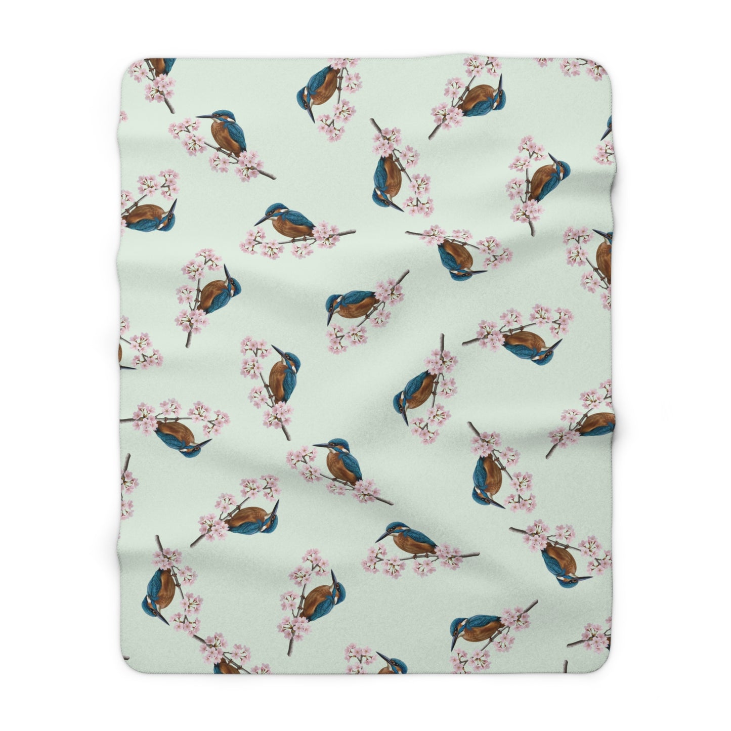 Eisvogel Premium Sherpa-Fleece Decke in Salbeigrün | Kuscheldecke mit Vogelmotiv (150x200cm)