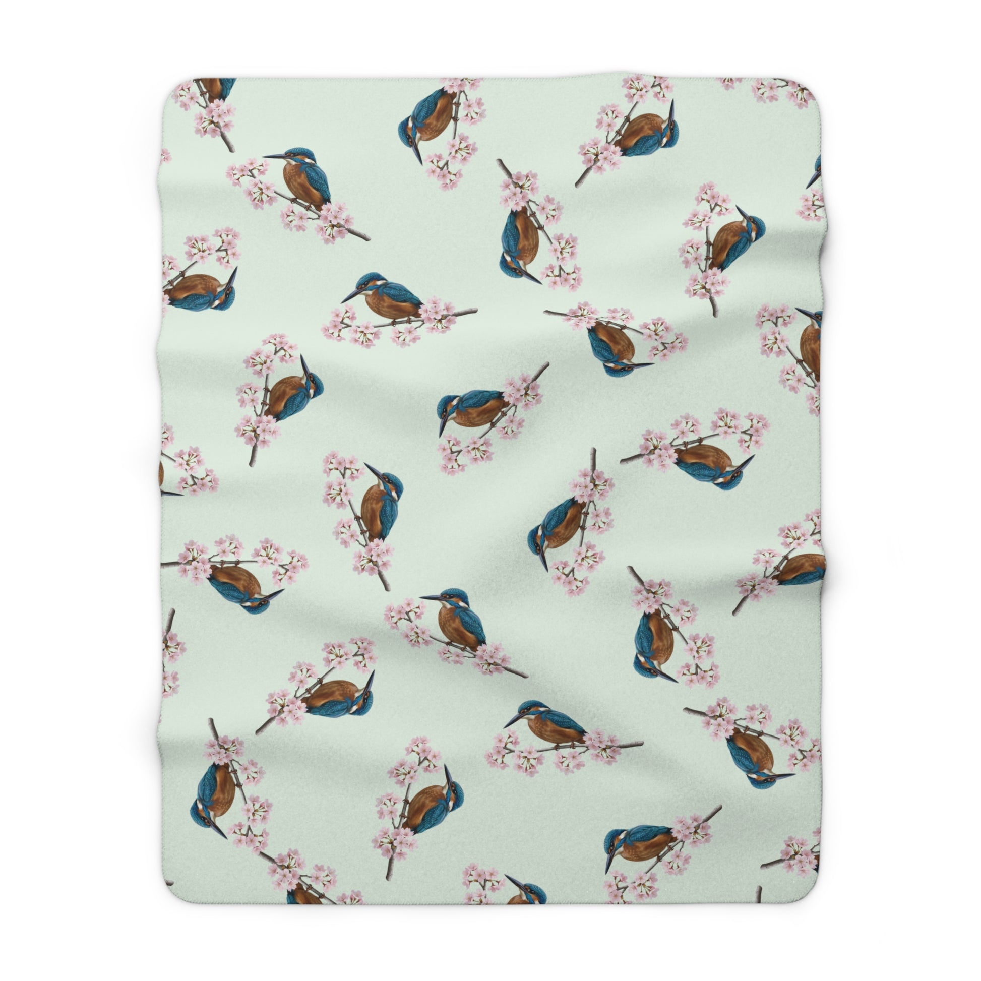 Eisvogel Premium Sherpa-Fleece Decke in Salbeigrün | Kuscheldecke mit Vogelmotiv (150x200cm)