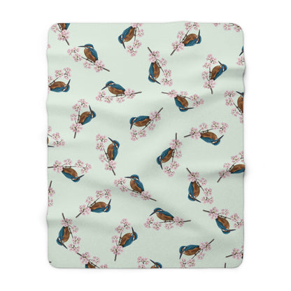 Eisvogel Premium Sherpa-Fleece Decke in Salbeigrün | Kuscheldecke mit Vogelmotiv (150x200cm)