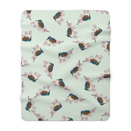 Eisvogel Premium Sherpa-Fleece Decke in Salbeigrün | Kuscheldecke mit Vogelmotiv (150x200cm)