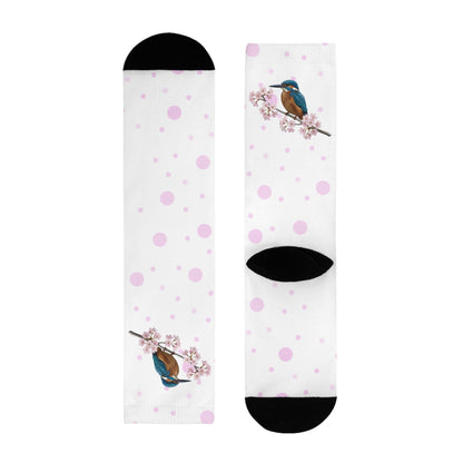 Eisvogel Socken mit Kirschblüten | Weiß Rosa gepunktete Vogelmotiv Strümpfe