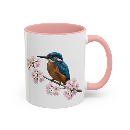 Eisvogel Tasse mit Kirschblüten | Rosa Keramiktasse für Vogelfreunde