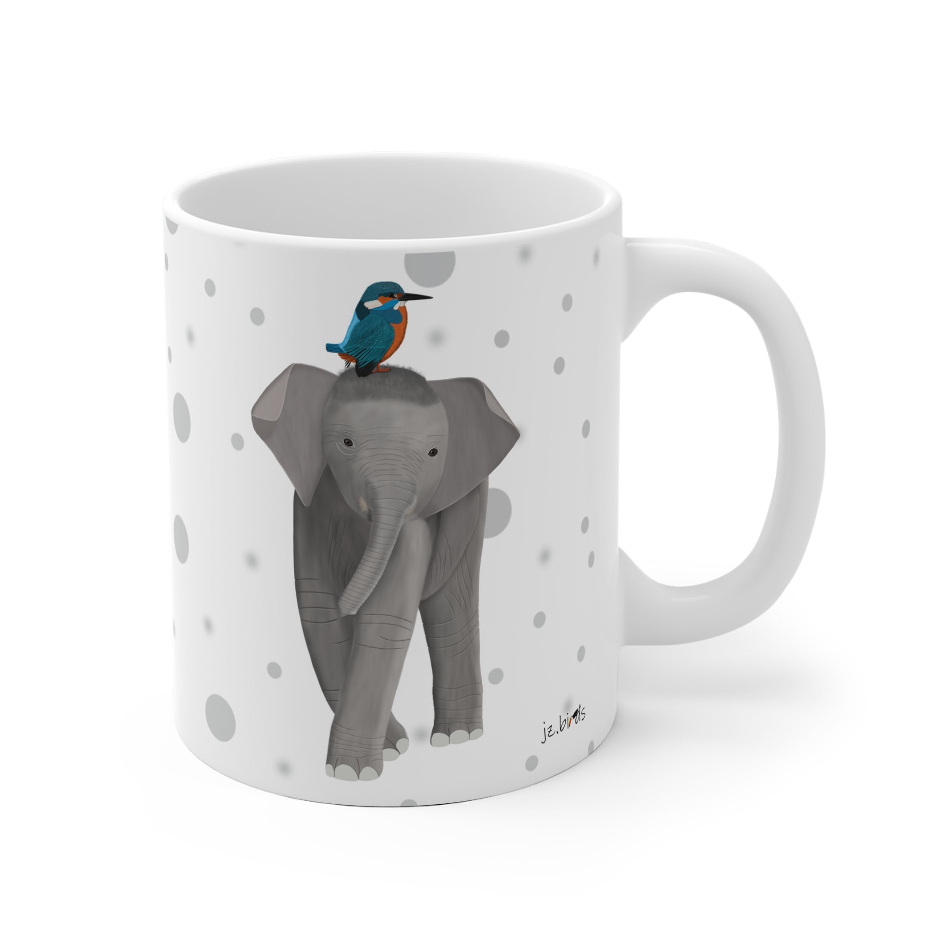 Eisvogel auf einem Elefanten Vogel Tasse Punkte Grau