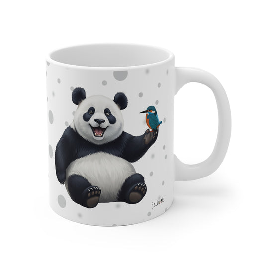 Eisvogel mit einem fröhlichen Panda Vogel Tiermotiv Tasse Punkte Grau