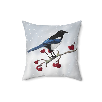 Elster auf einem Ast im Schnee Kissen mit Vogel