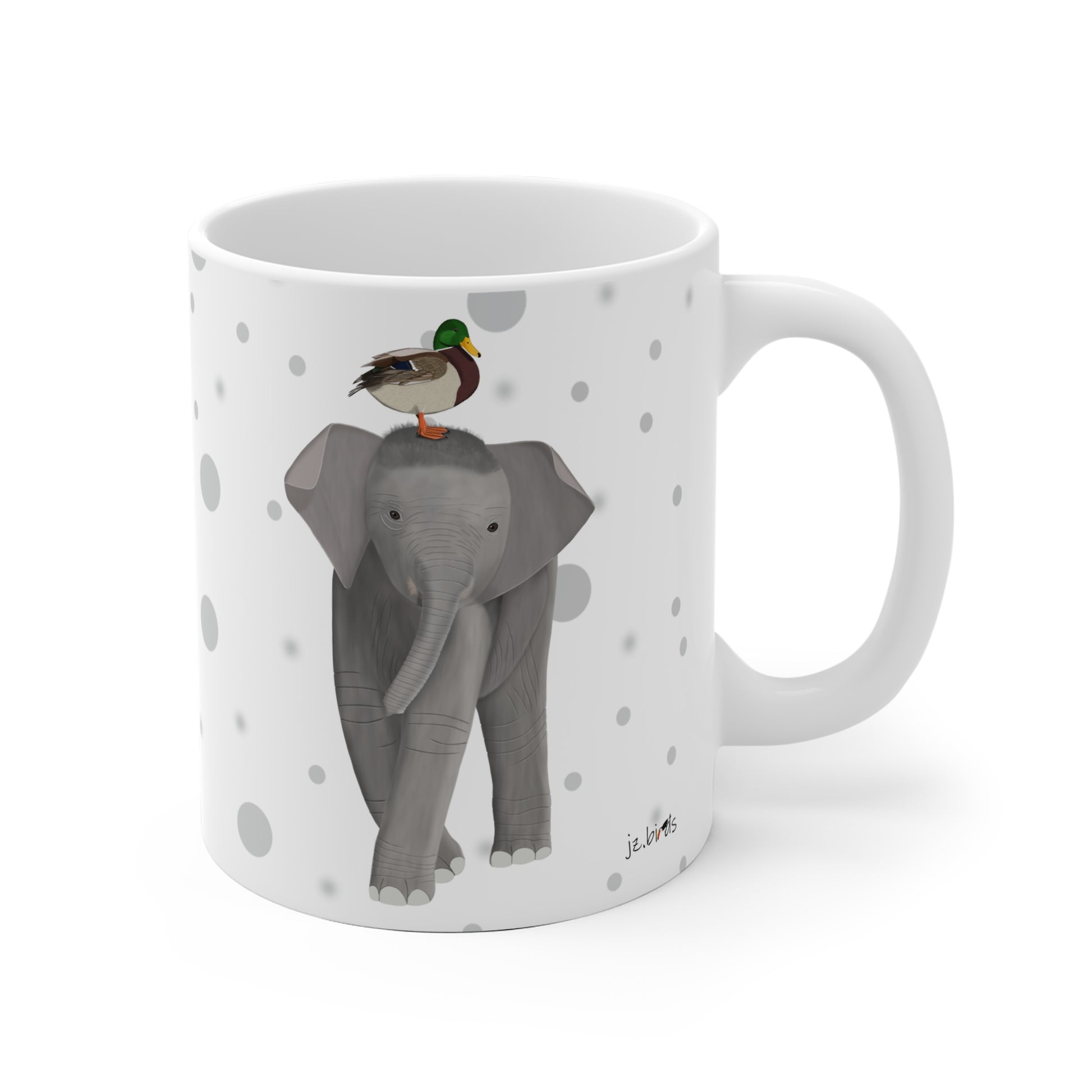 Ente auf einem Elefanten Vogel Tasse Punkte Grau