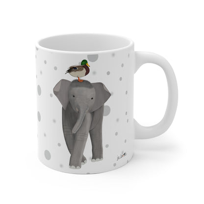 Ente auf einem Elefanten Vogel Tasse Punkte Grau