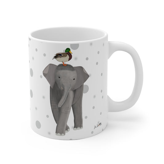 Ente auf einem Elefanten Vogel Tasse Punkte Grau