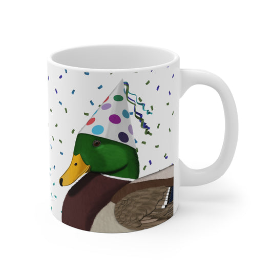 Ente feiert Geburtstag mit Partyhut und Konfetti Vogel Tasse