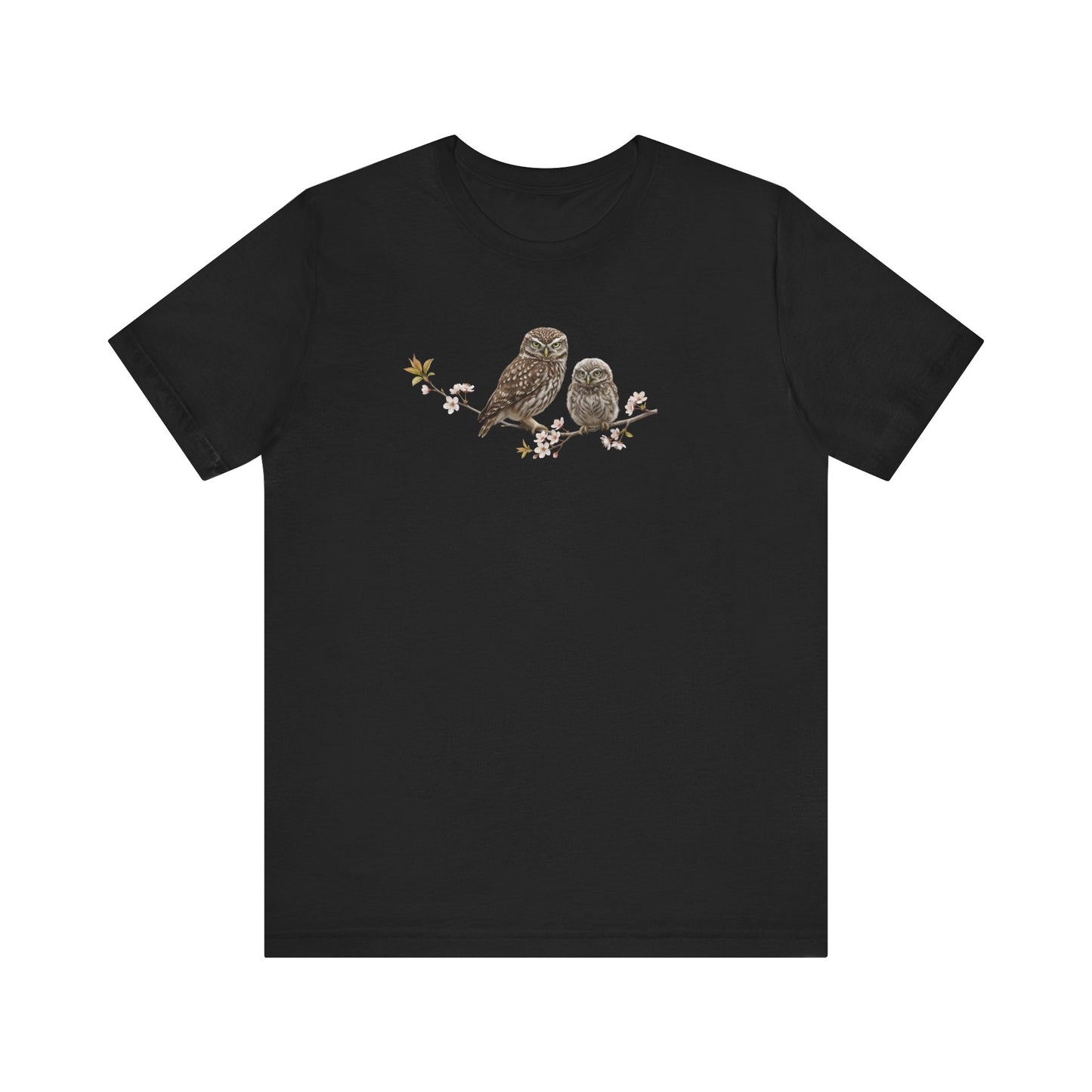 Eule Steinkauz & Jungvogel T-Shirt | Frühlingsblüten Vogelmotiv für Vogelbeobachter