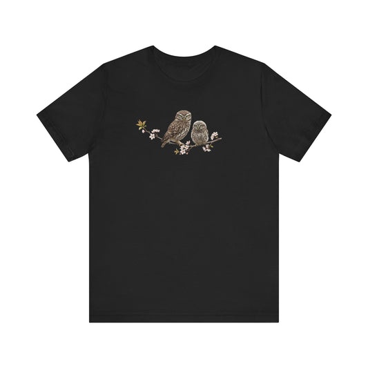 Eule Steinkauz & Jungvogel T-Shirt | Frühlingsblüten Vogelmotiv für Vogelbeobachter