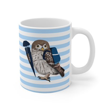 Eule Vogel Tasse als Geschenk zur Einschulung Blau Weiß