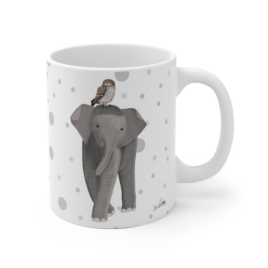 Eule auf einem Elefanten Vogel Tasse Punkte Grau