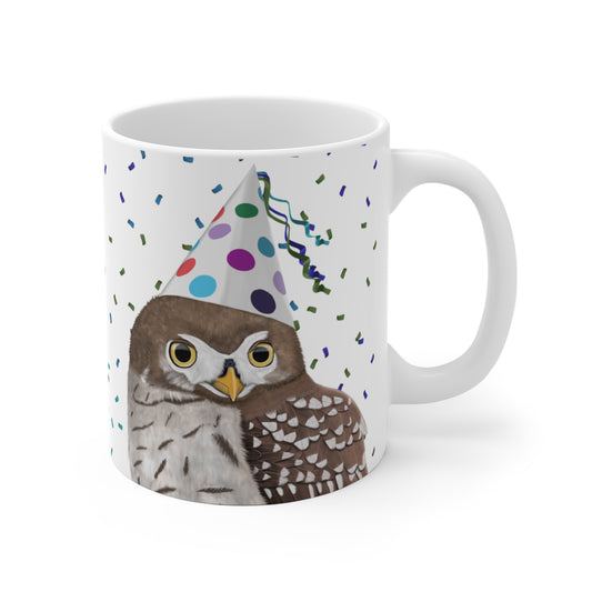Eule feiert Geburtstag mit Partyhut und Konfetti Vogel Tasse