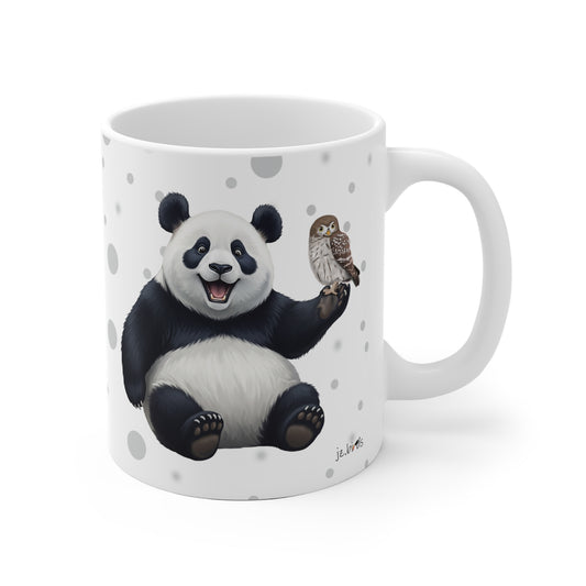 Eule mit einem fröhlichen Panda Vogel Tiermotiv Tasse Punkte Grau