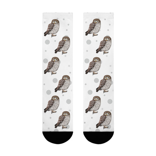 Eulen Socken Vogelsocken Weiß mit Grauen Punkten