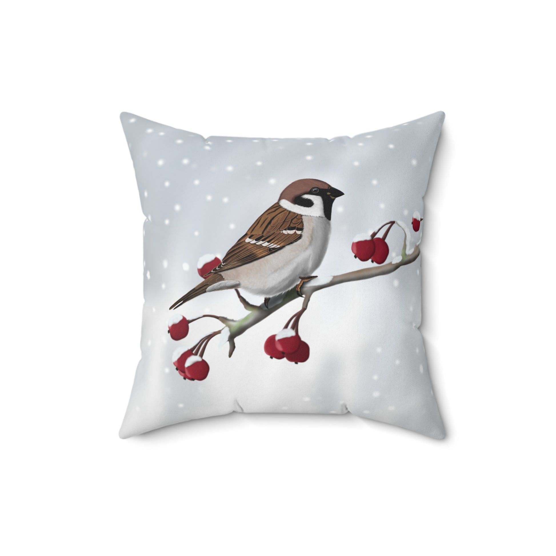 Feldsperling auf einem Ast im Schnee Kissen mit Vogel