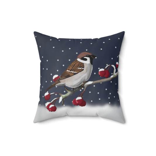 Feldsperling auf einem Ast im Schnee Vogelmotiv Kissen