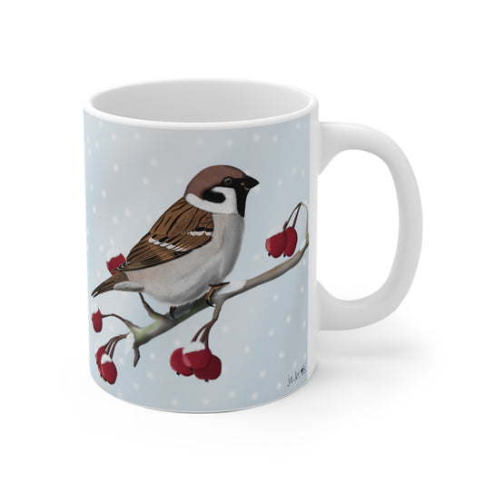 Feldsperling auf einem Ast im Winter Weihnachten Schnee Vogel Tasse