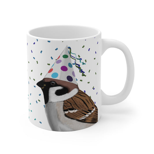Feldsperling feiert Geburtstag mit Partyhut und Konfetti Vogel Tasse