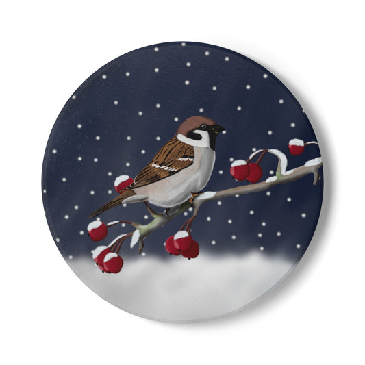 Feldsperling im Schnee Keramik-Untersetzer: Weihnachtliches Vogel-Motiv