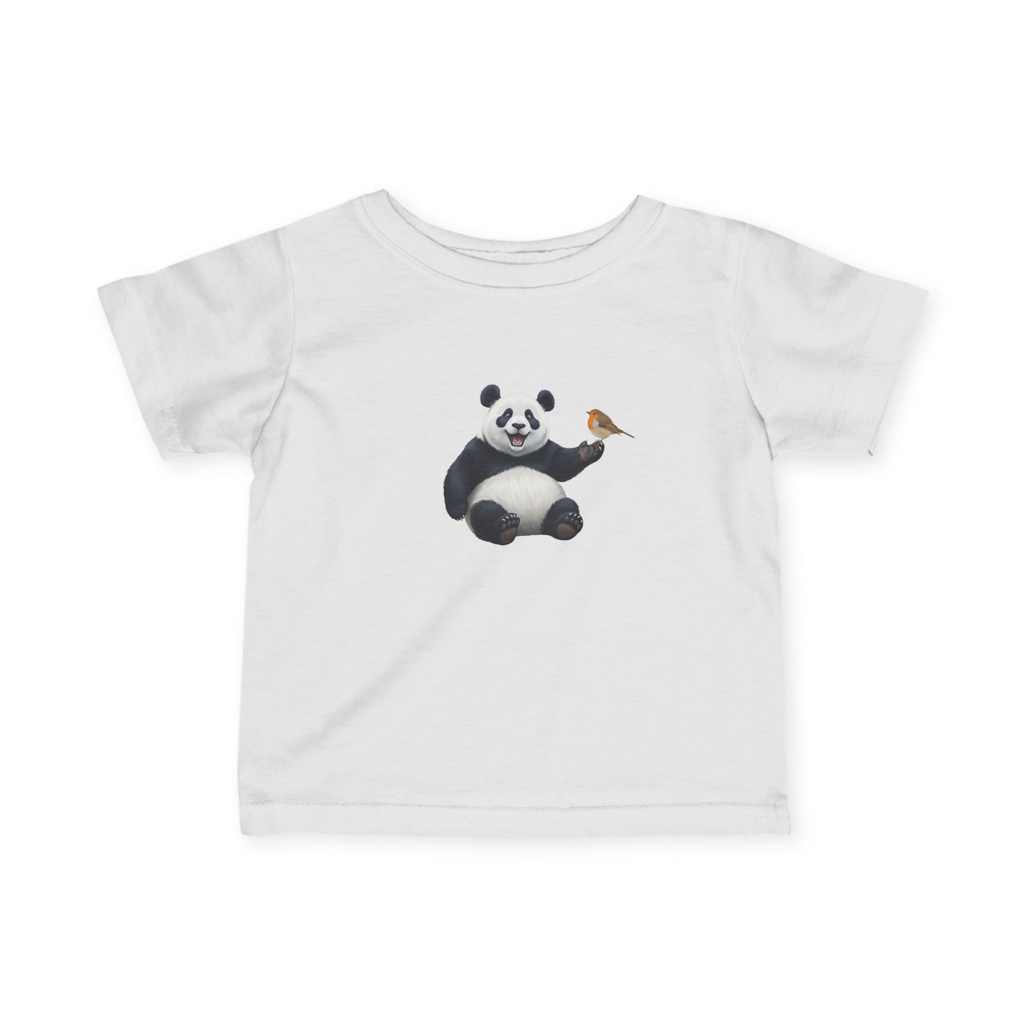 Fröhlicher Panda mit Rotkehlchen Vogel Tiermotiv T-Shirt für Babys und Kleinkinder