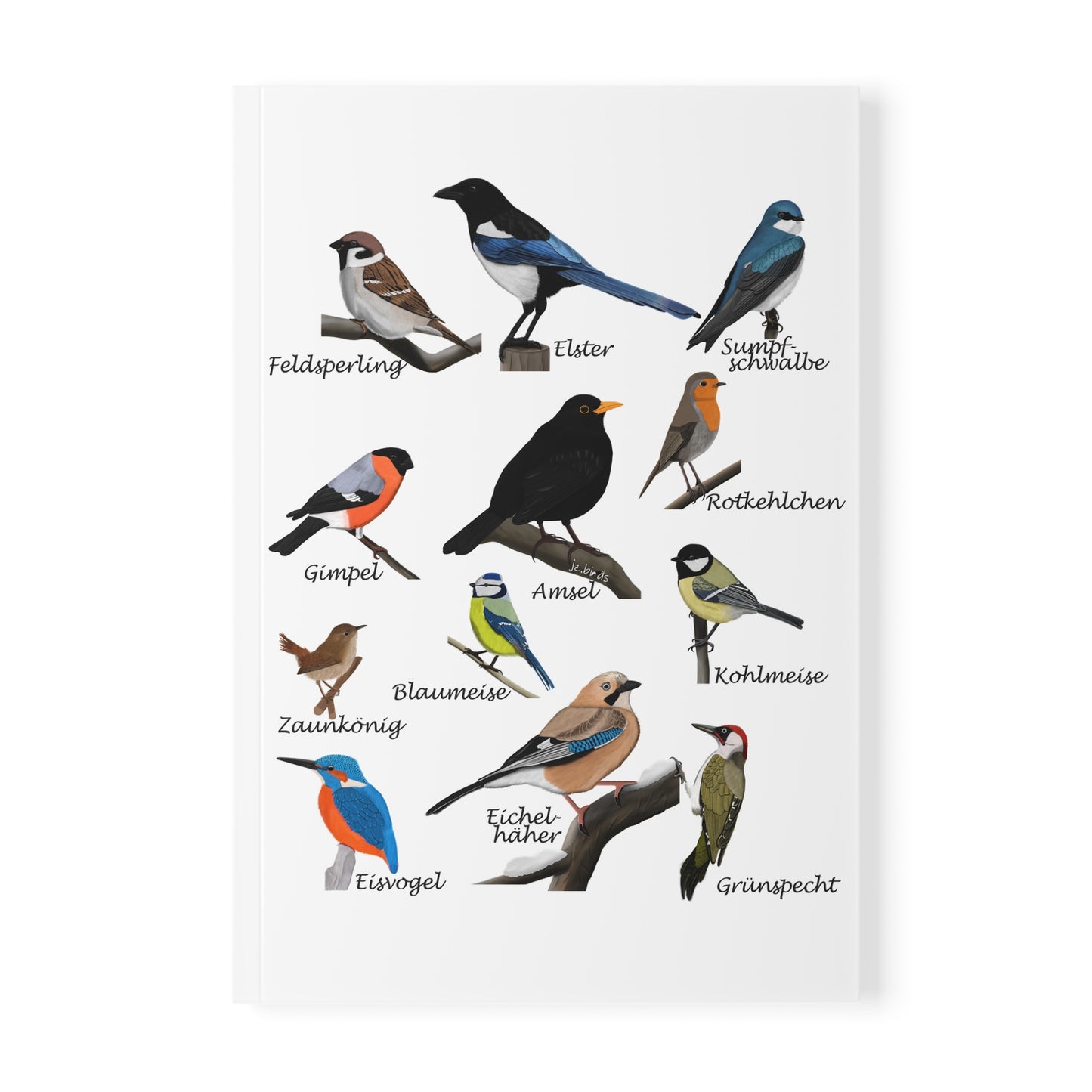 Gartenvögel Amsel Rotkehlchen Blaumeise Zaunkönig A5 Vogel Softcover Notizbuch 150 Seiten Liniert
